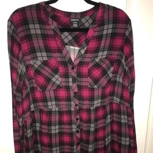 Torrid Pink & Gray plaid baby doll shirt